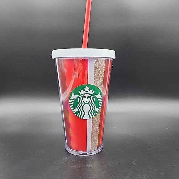 Starbucks Insulated Tumbler Cup Grande GLITTER STRIPED 2018 16 oz. New - Picture 1 of 8
